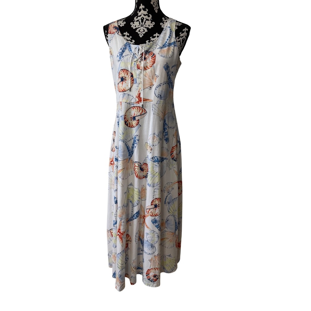 Chaps Womens XL White Blue Seashell Starfish Print Lace Up Maxi Dress Sleeveless
